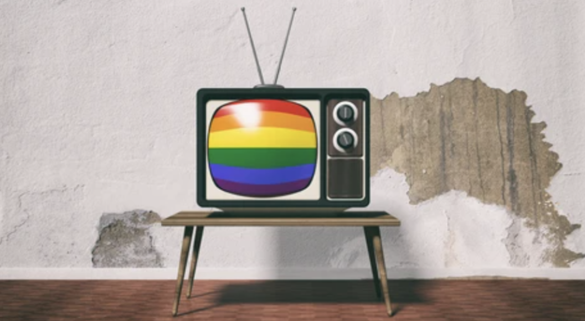 Pride flag on a television screen (Courtesy of Shutterstock)